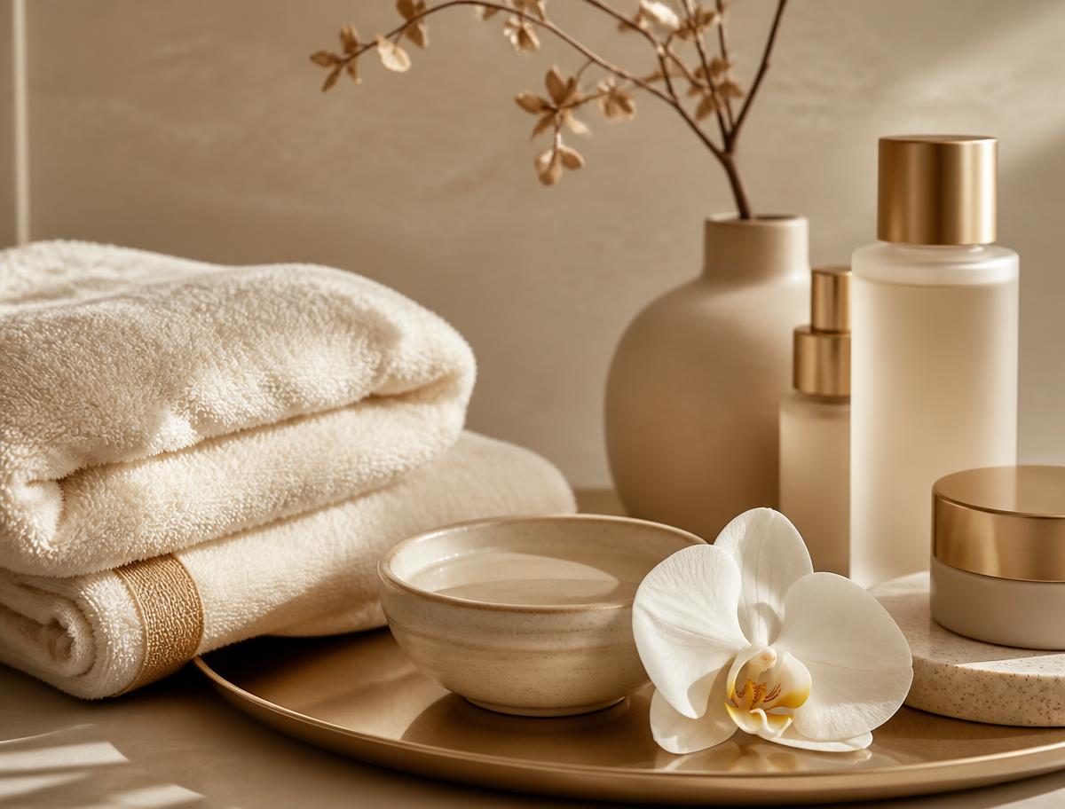 Folded ivory towels, ceramic bowl and orchid on a champagne gold tray